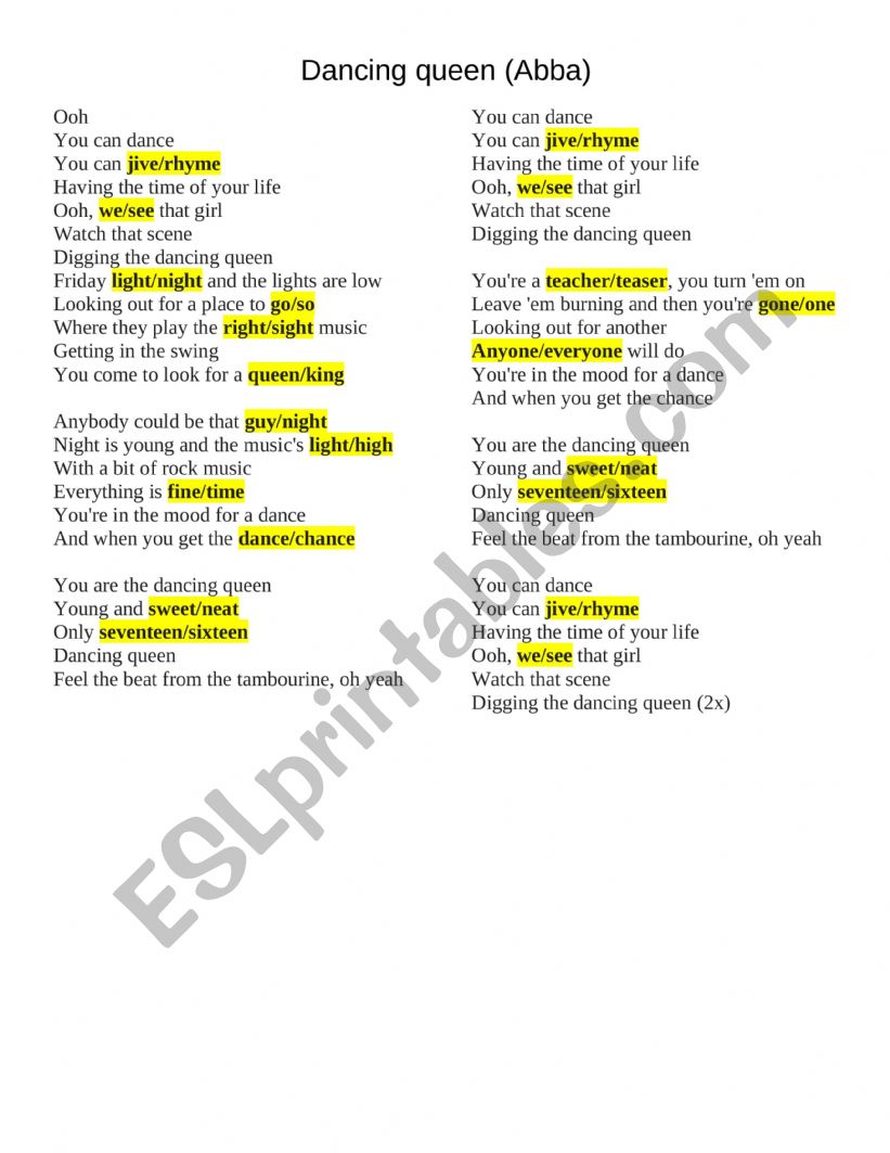 Dancing queen worksheet
