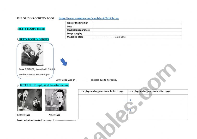 The origins of Betty Boop worksheet