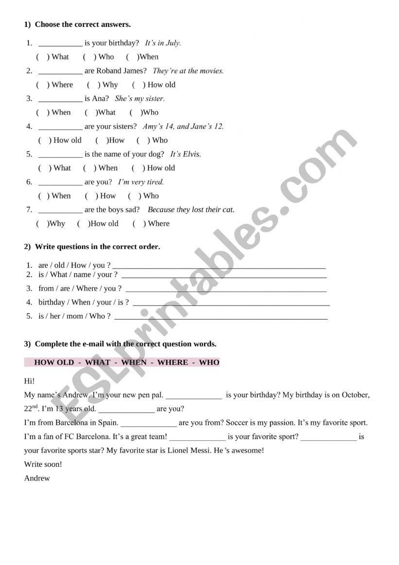 Question Words  worksheet