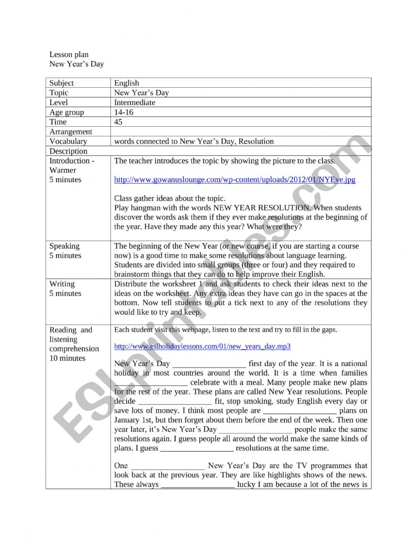 New Years Day worksheet