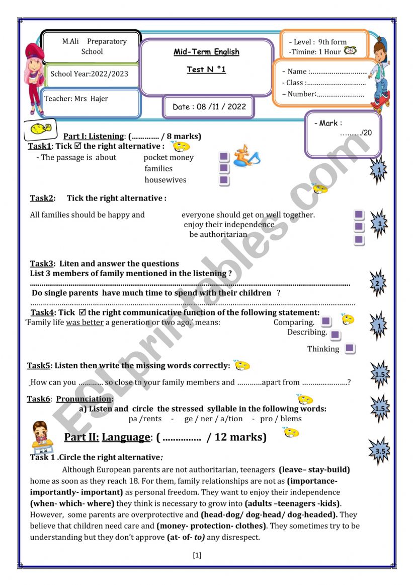 MID TERM TEST N 1 9TH worksheet