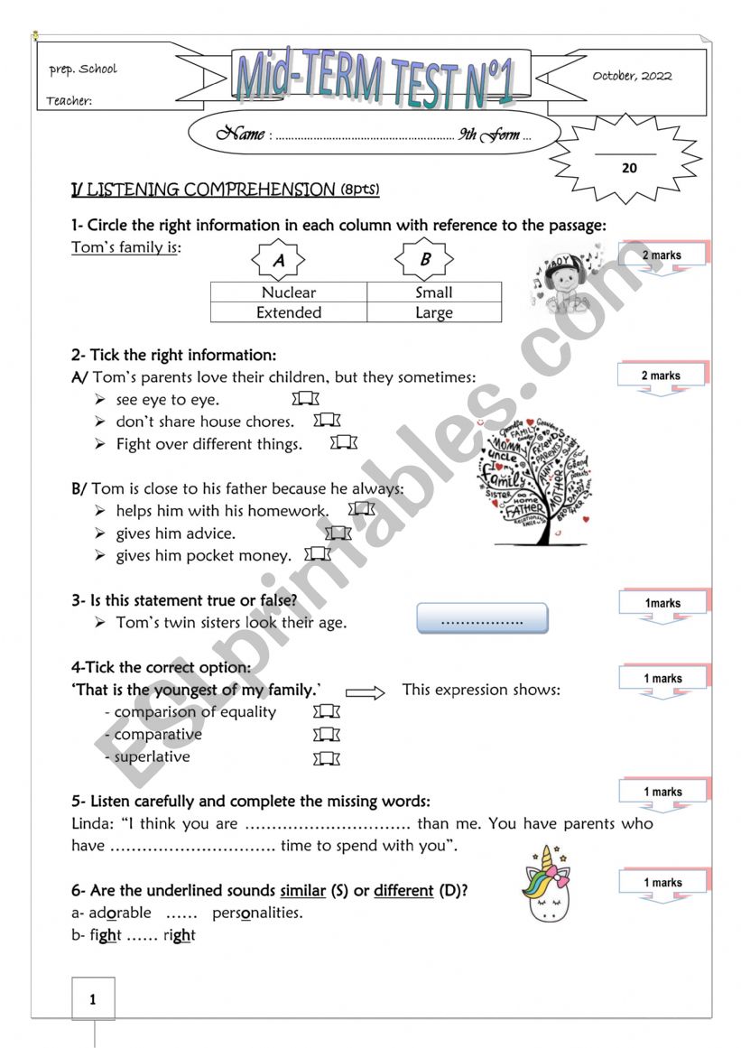 9th form mid-term test.  worksheet