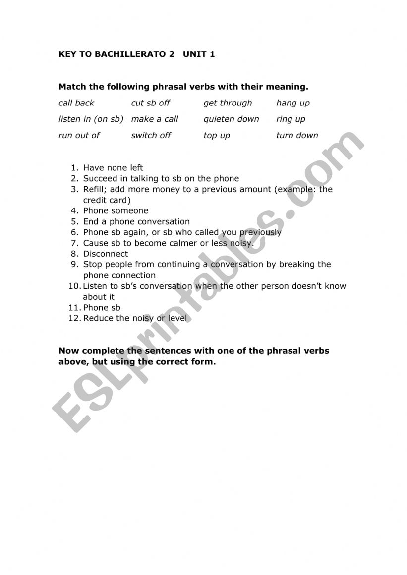 KEY TO BACH  2   UNIT 1 PHRASAL VERBS