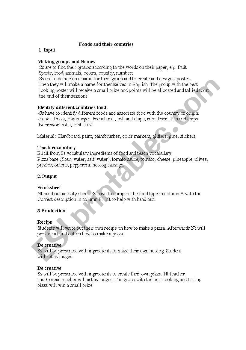 Food Lesson Plan worksheet