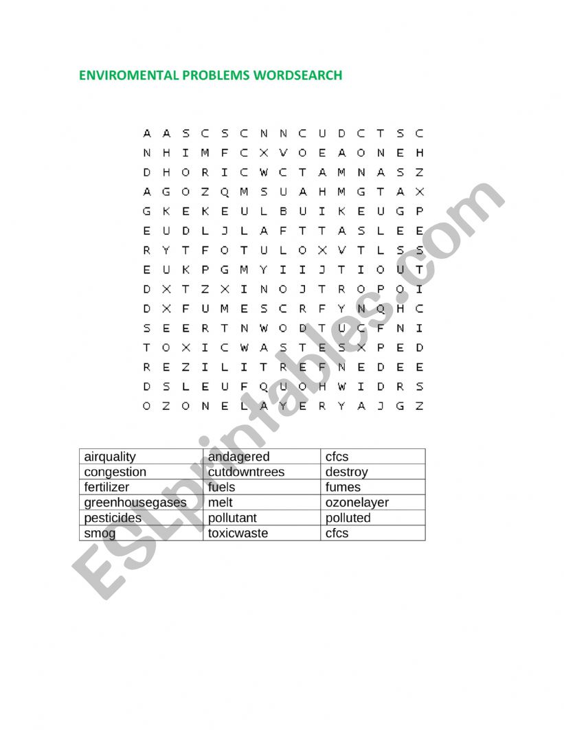 ENVIROMENTAL PROBLEMS WORDSEARCH