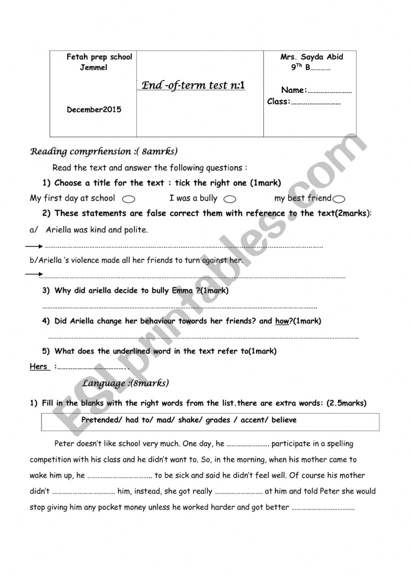 Mid-term test n1 9th form worksheet
