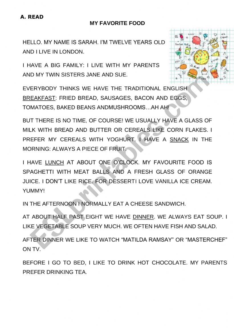 MY FAVOURITE FOOD - READING COMPREHENSION - ESL worksheet by yamina77