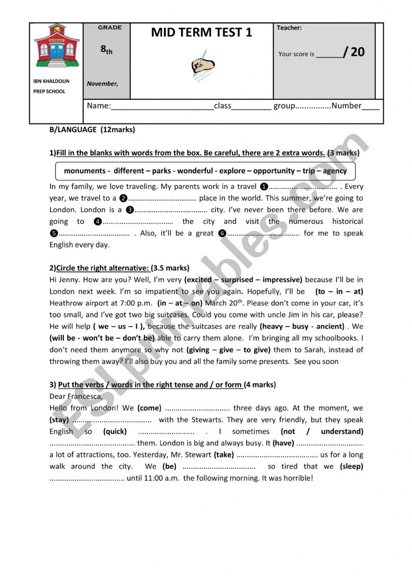 MID TERM TEST 1 FOR 8TH FORM LANGUAGE PART