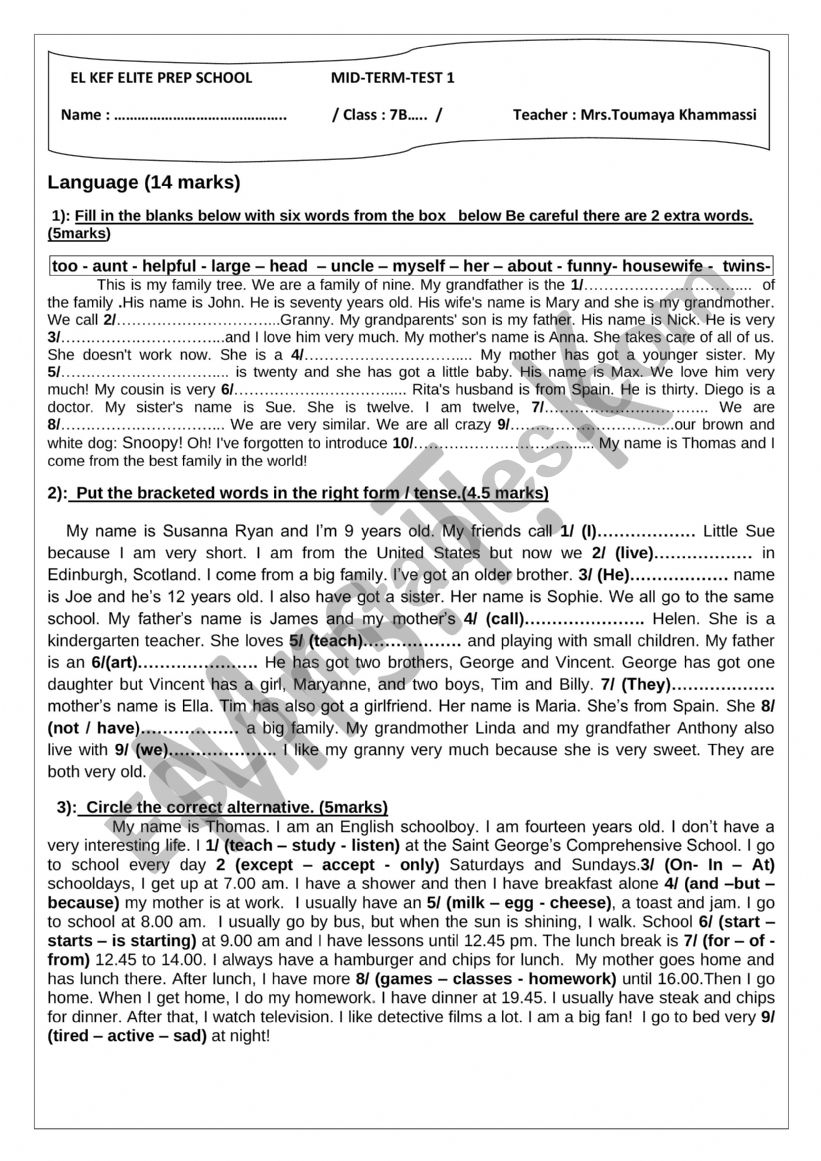 MID-TERM-TEST 1 : 7TH FORM worksheet