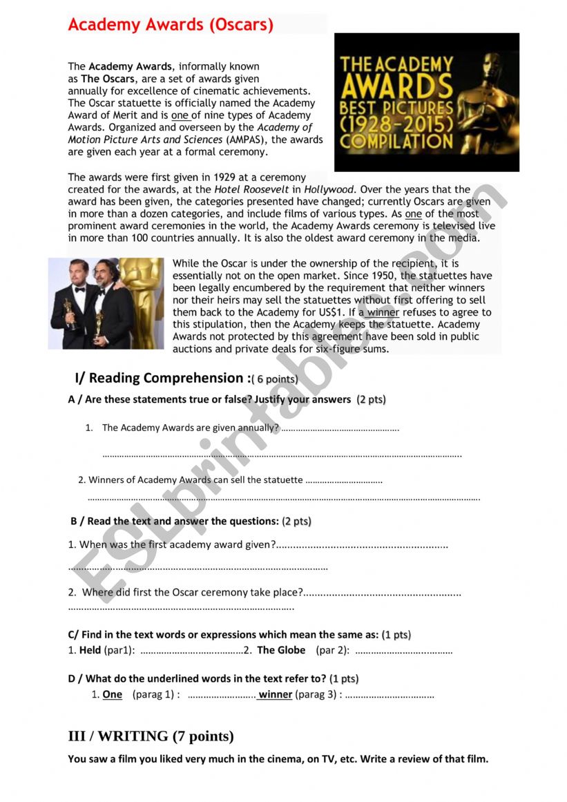 Academy Awards  Reading Comprehension Activity