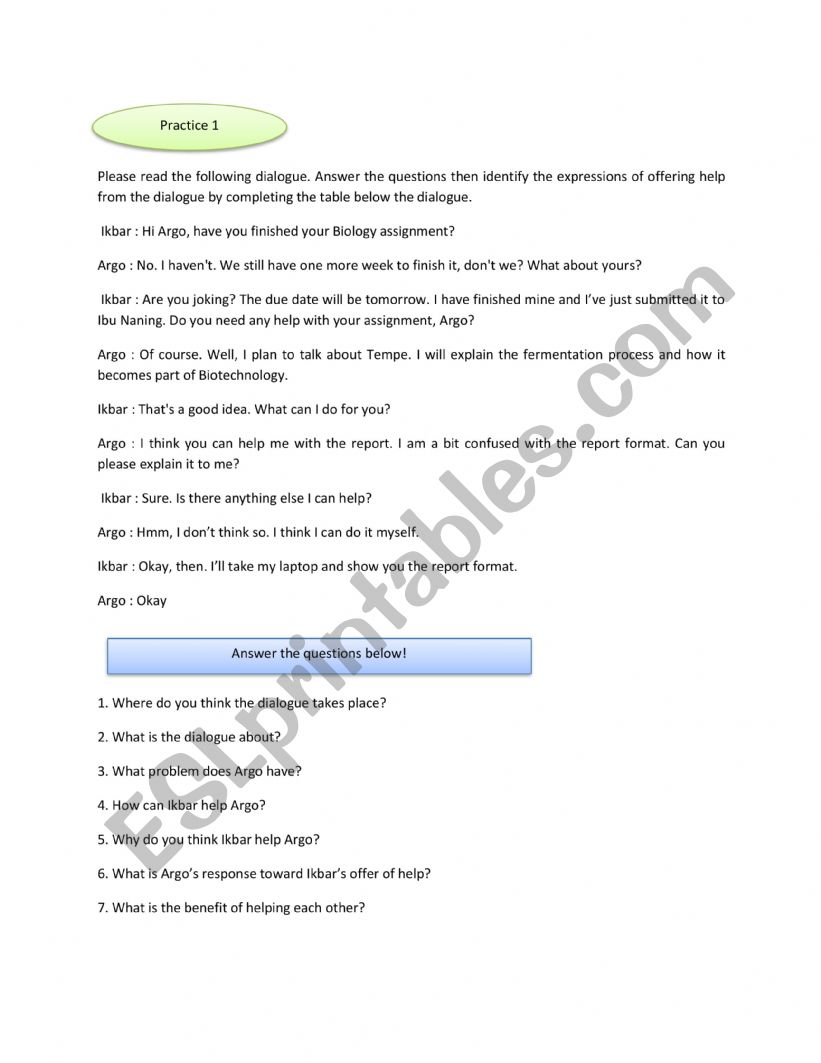 English worksheets offering help