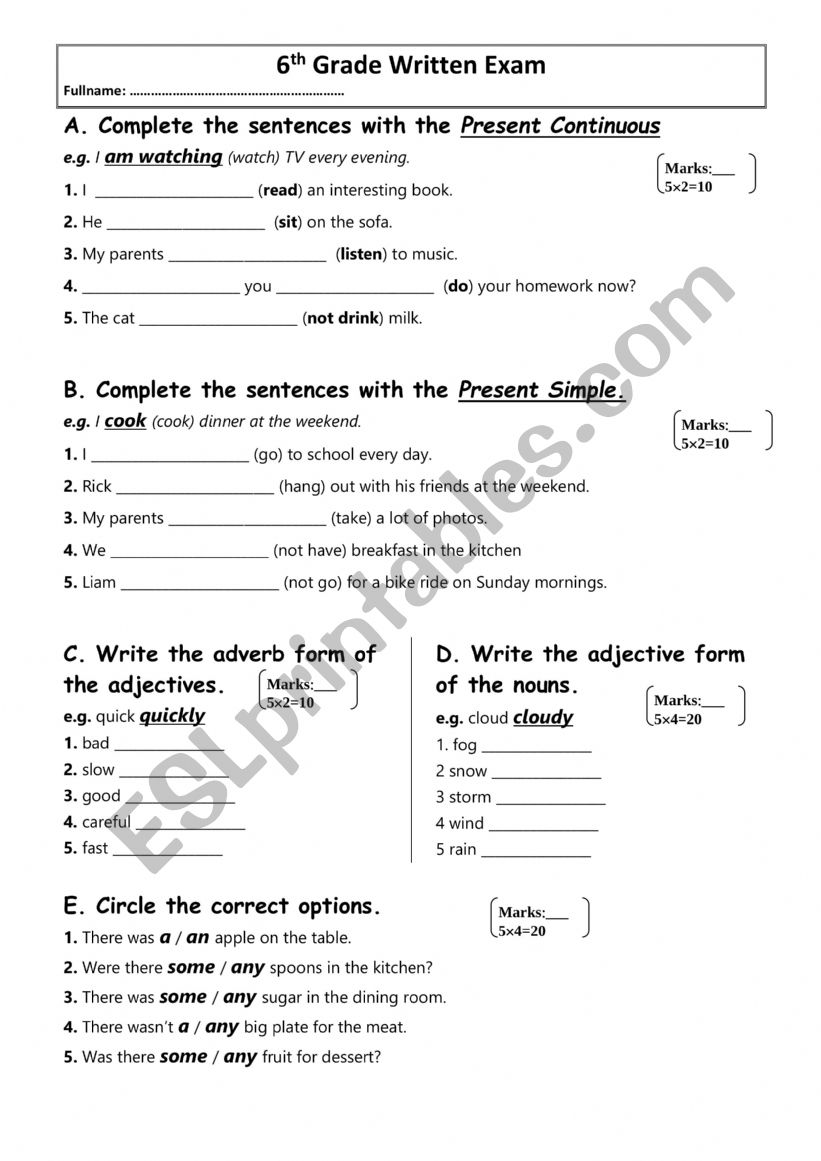 An exam worksheet