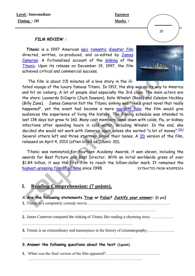 Titanic Reading comprehension worksheet