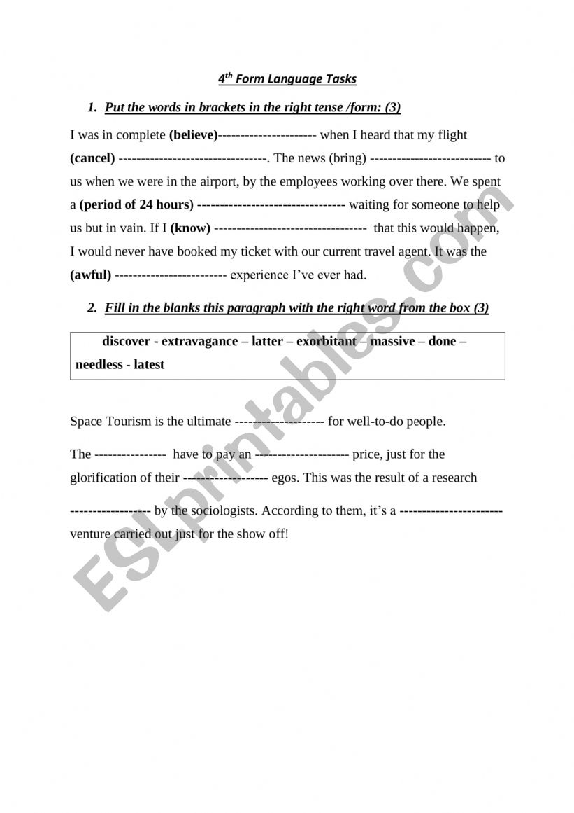 4th form language tasks worksheet