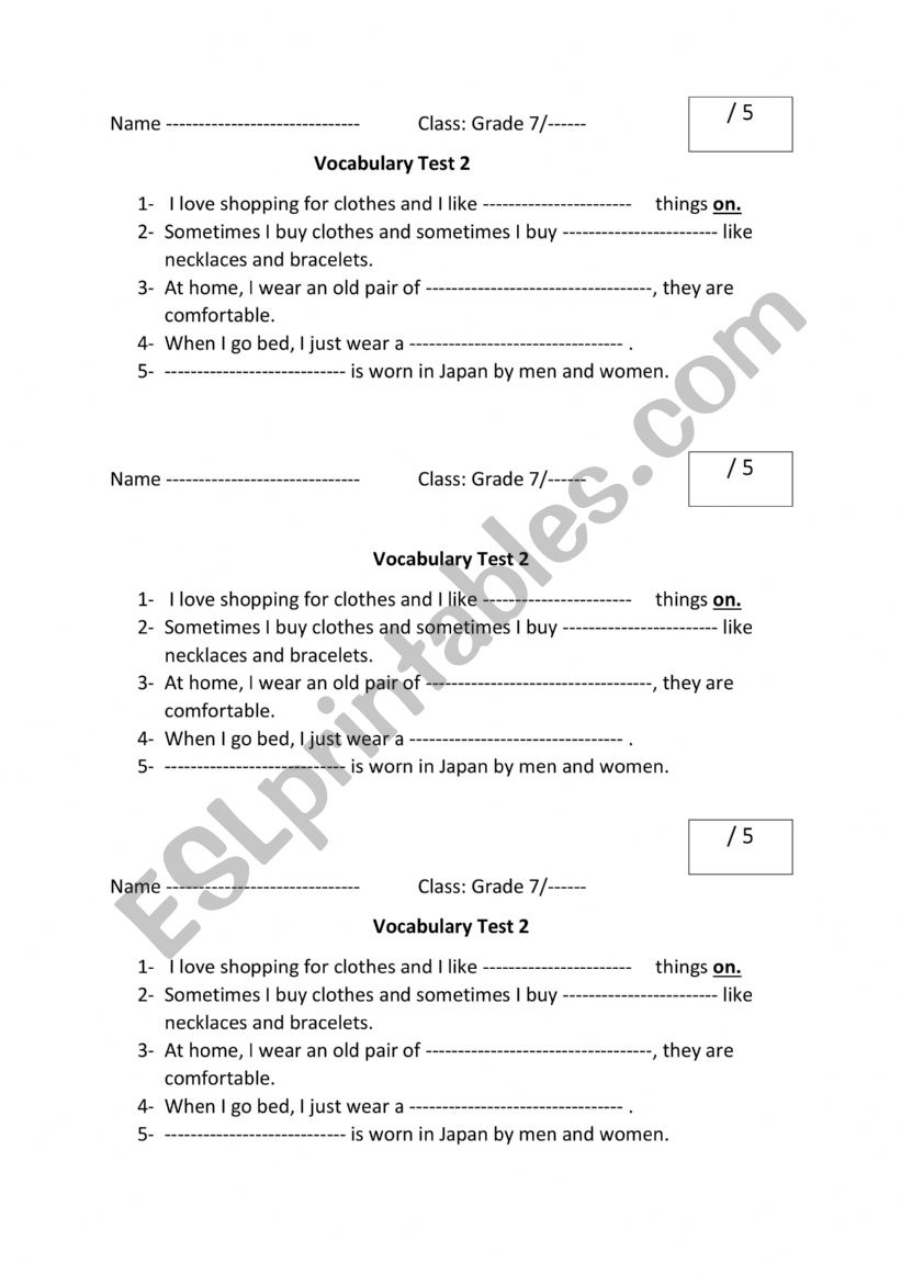 Vocabulary Test Clothes worksheet