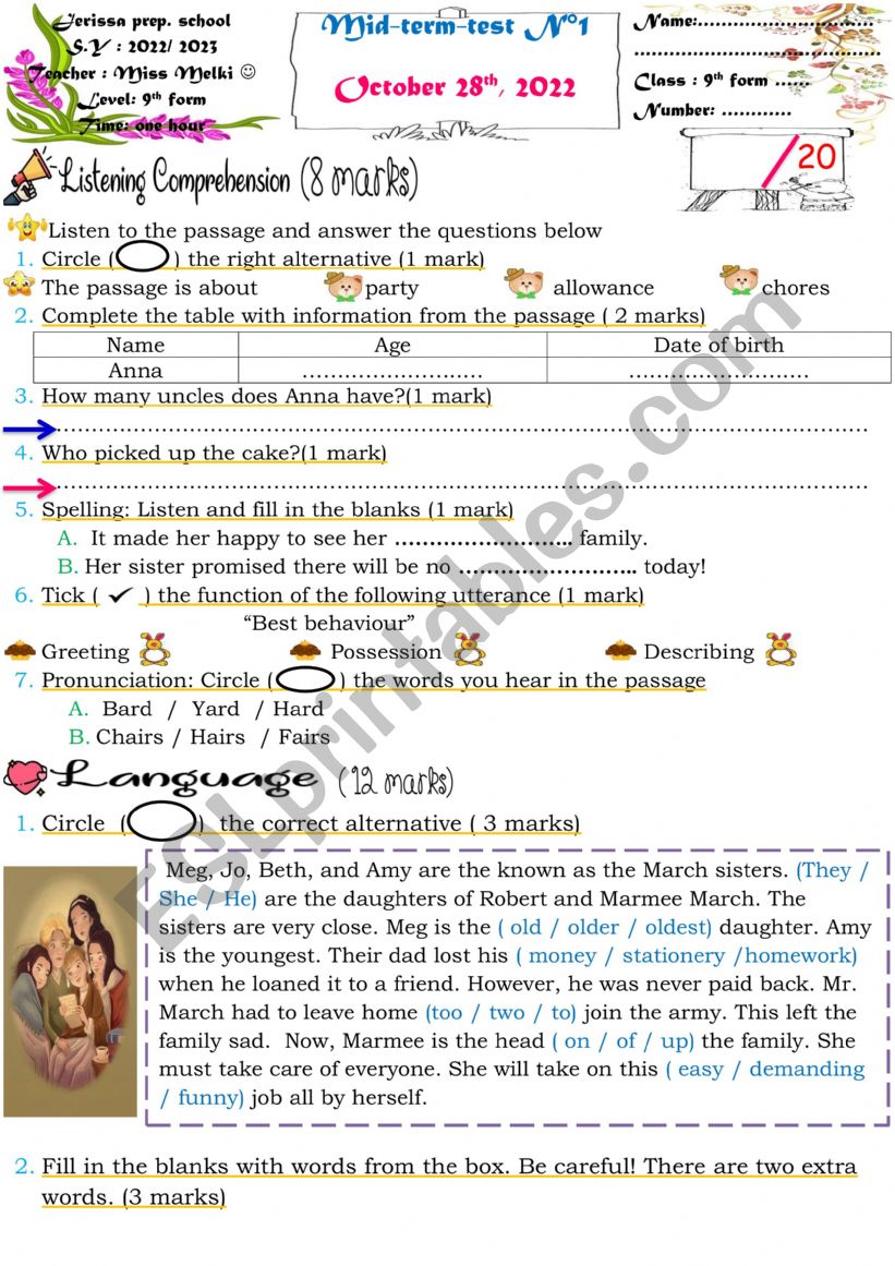 mid term test 9th form worksheet