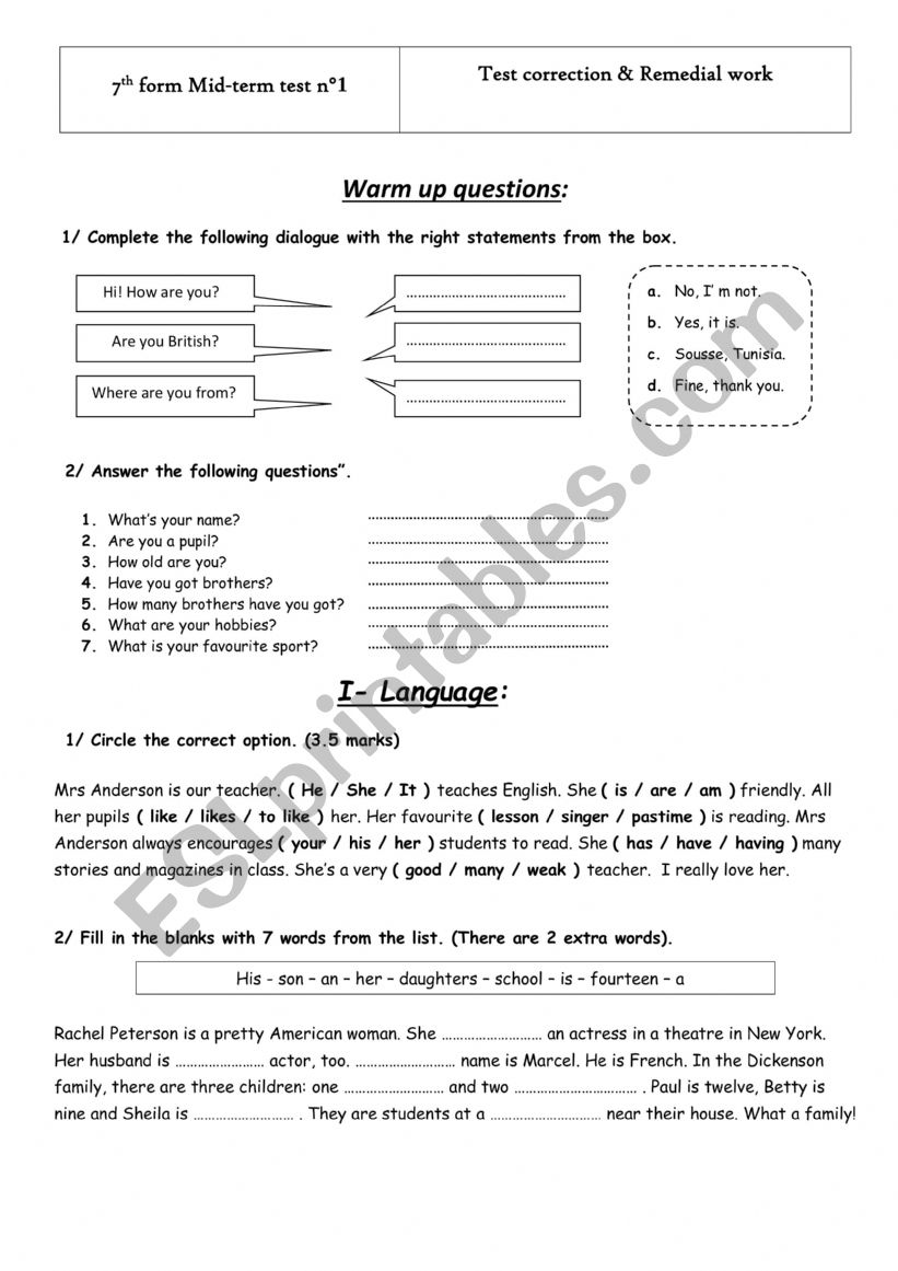 7th form Test correction and remedial work test 1