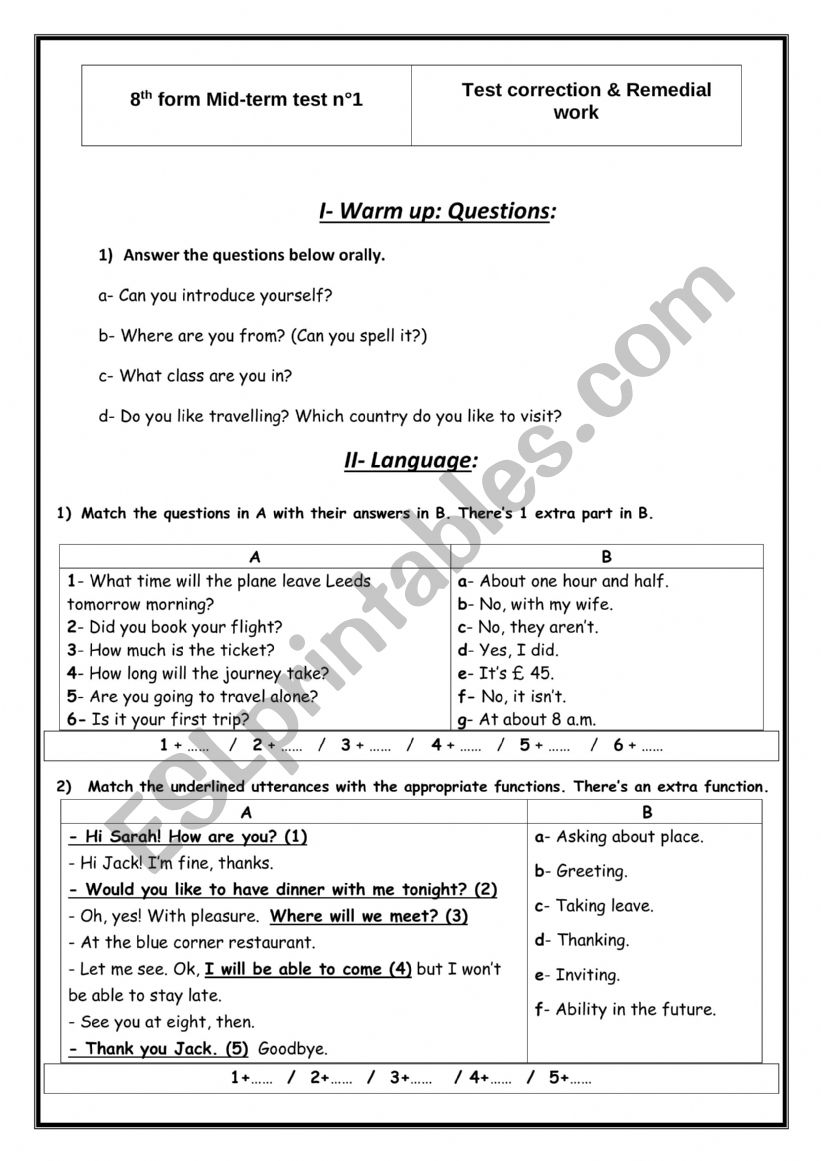 8th form Test correction and remedial work test 1