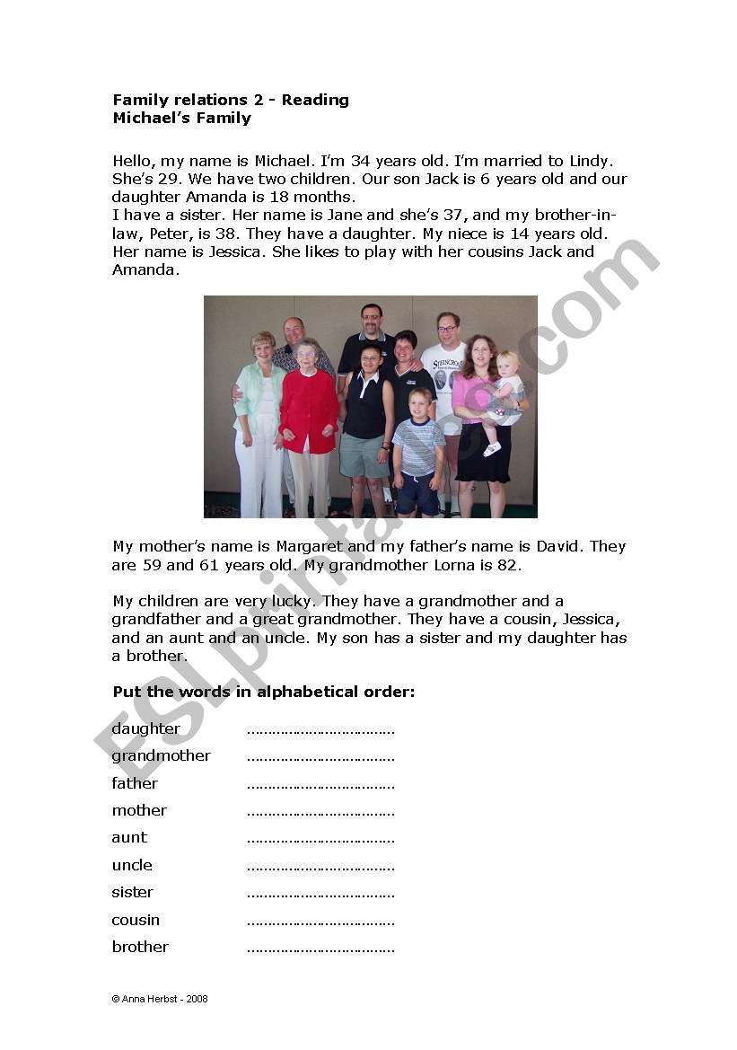 Family relations 2 - Reading worksheet