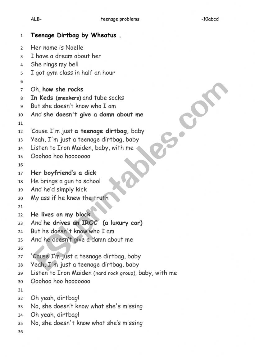 teenage problems worksheet