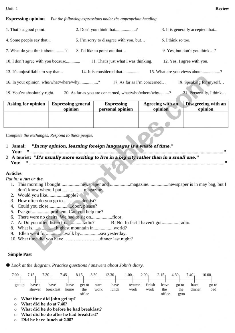 Unit one review worksheet
