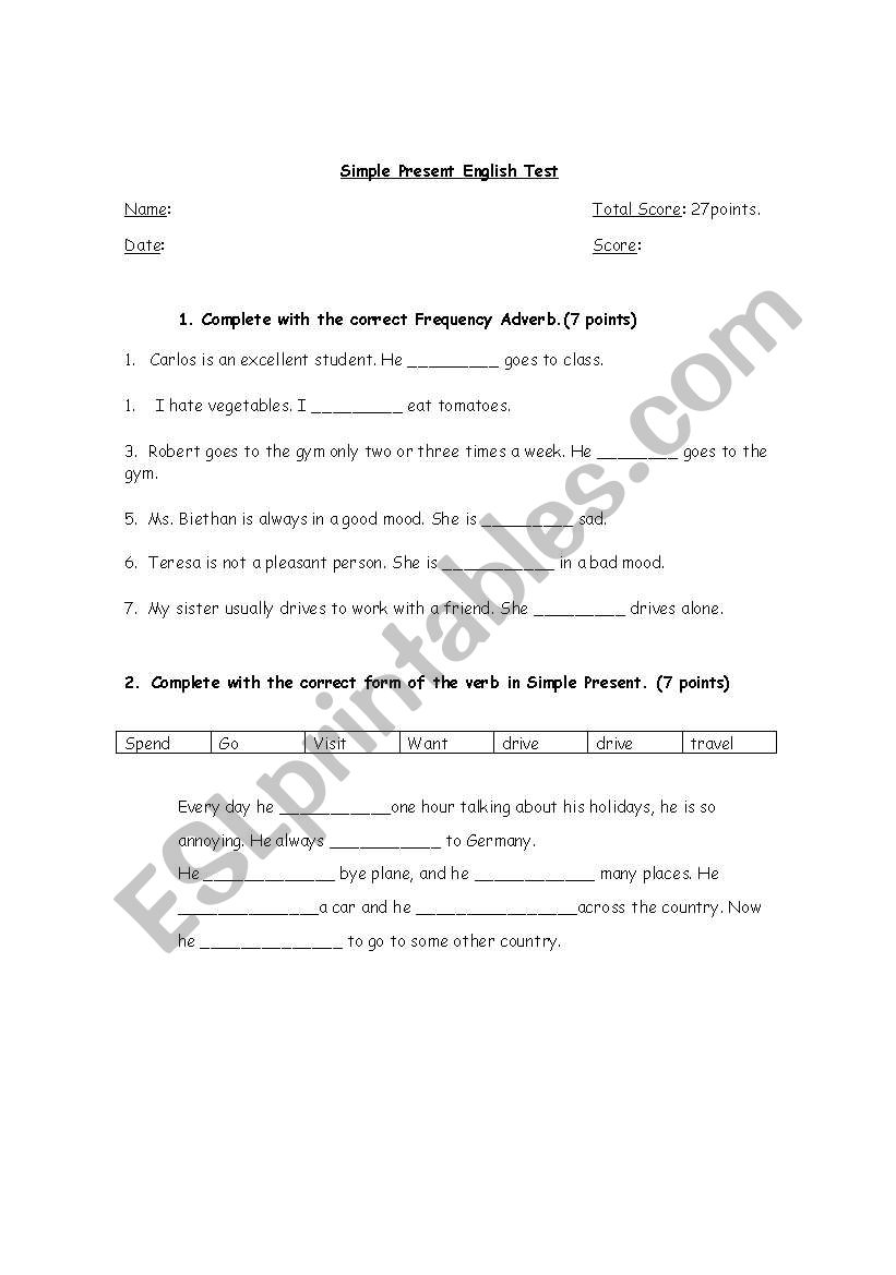 Simple Present English Test worksheet