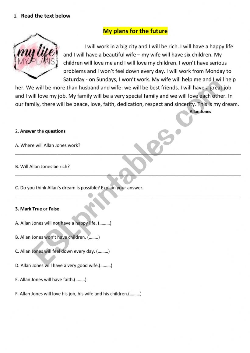 My plans worksheet