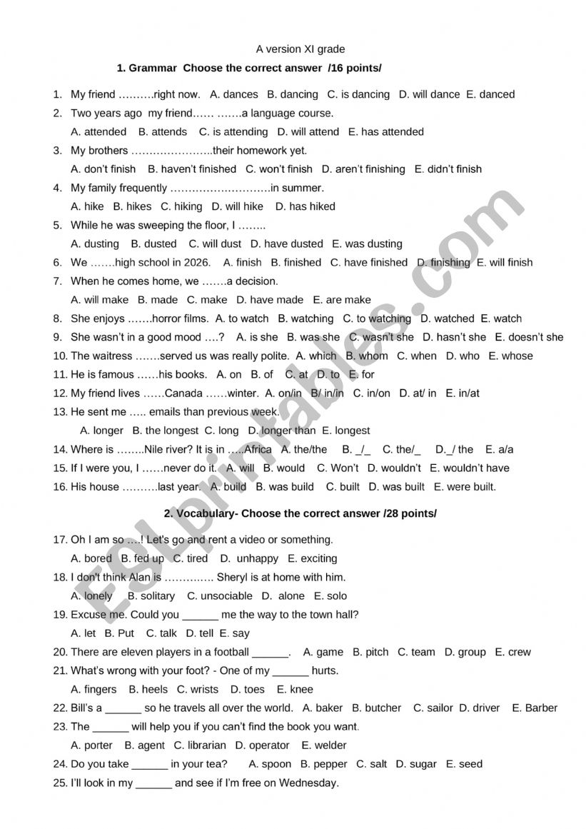 English mixed test worksheet