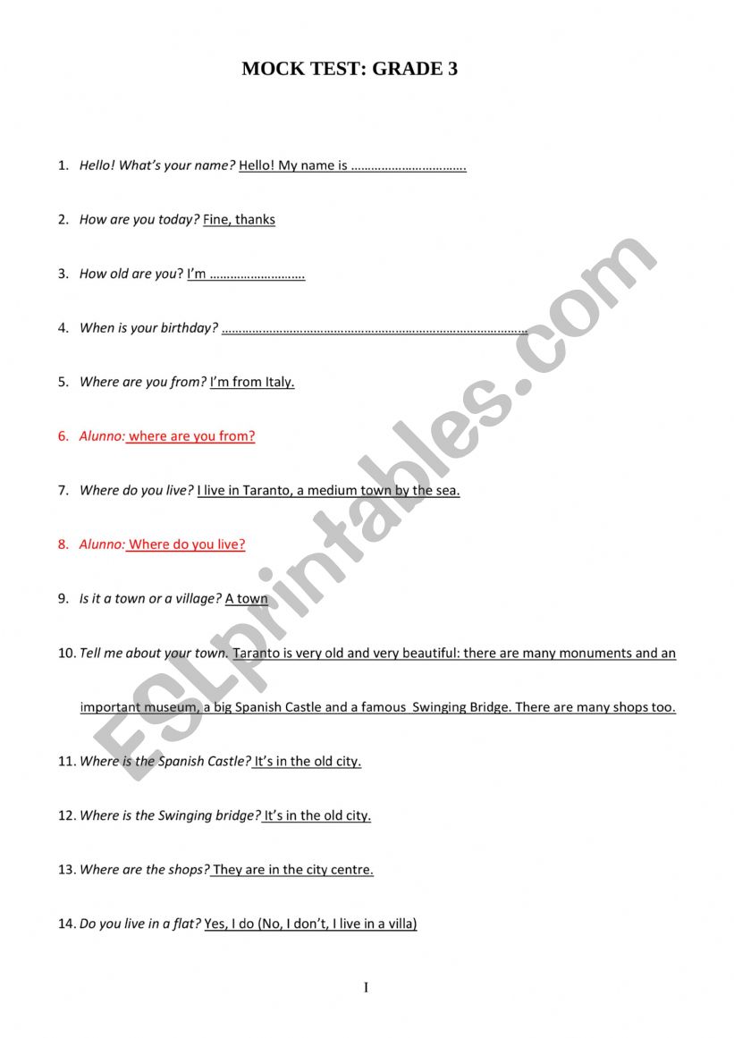 Trinity GESE grade 3 Questionnaire