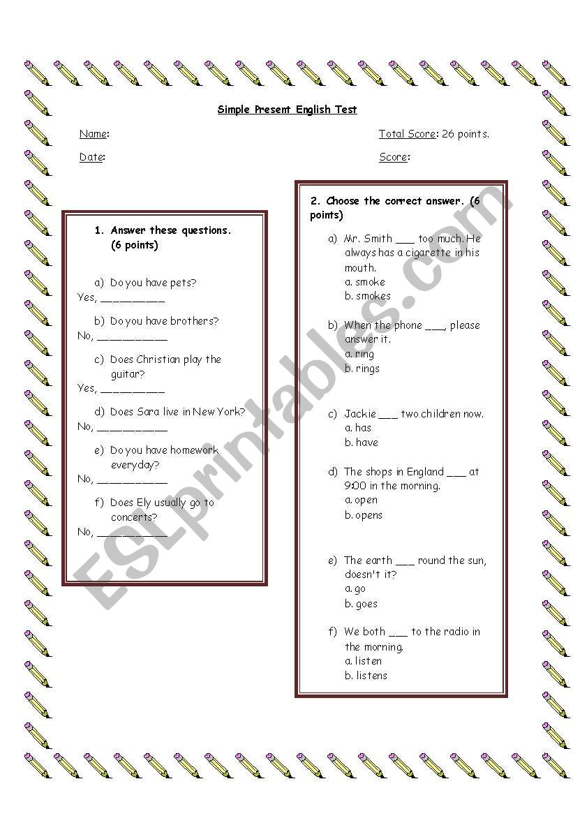 Simple Present English Test worksheet