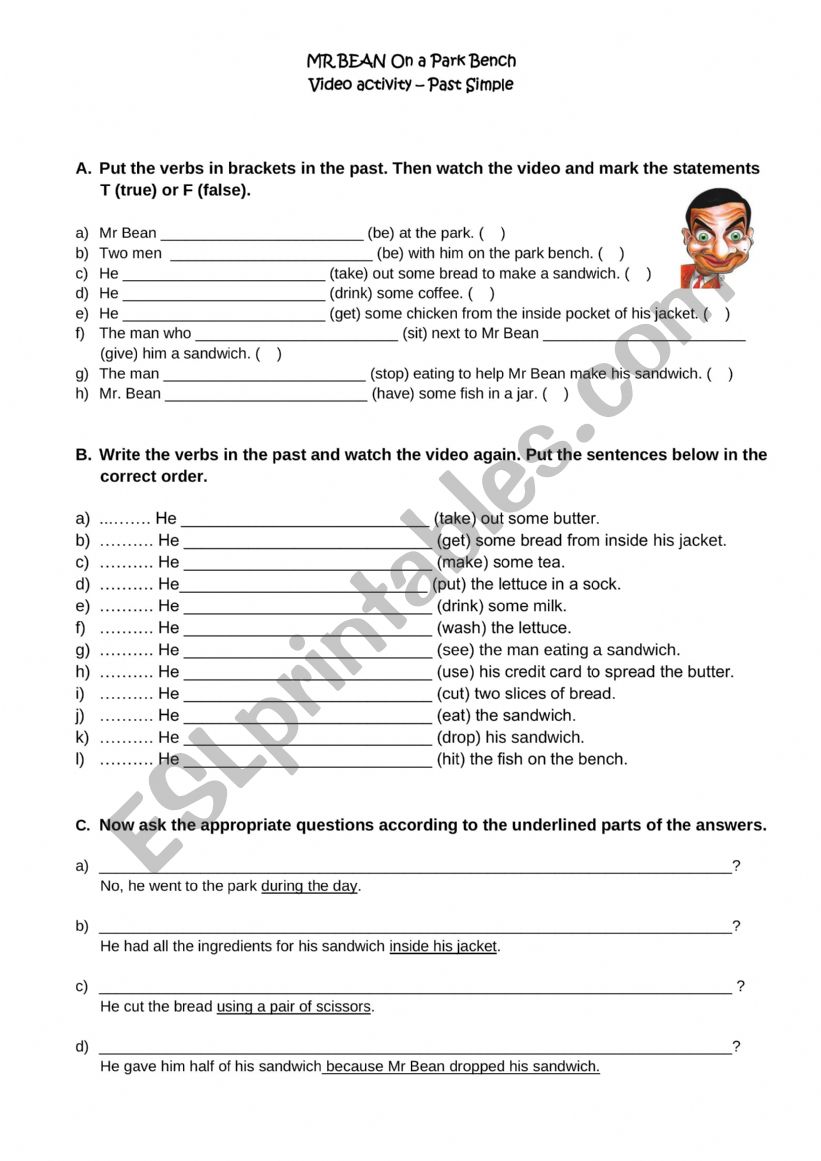 Mr Bean On a Park Bench worksheet