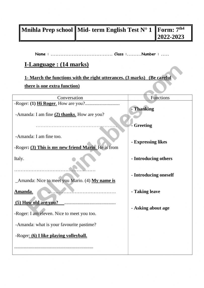 Mid term test 1 7th worksheet