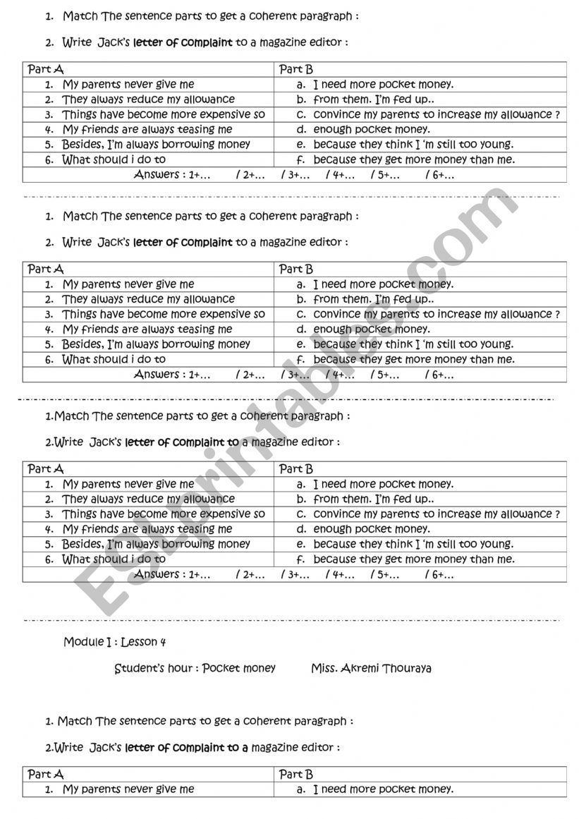 Pocket money  worksheet