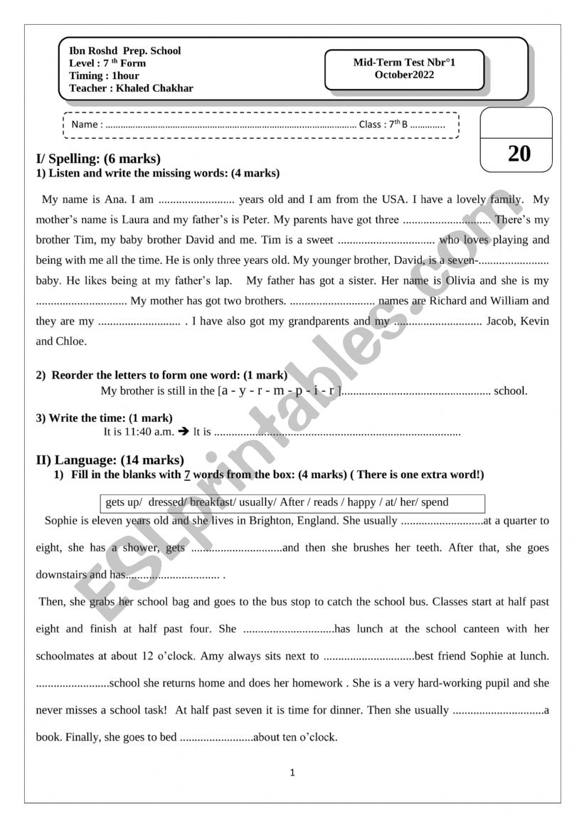 mid-term Test Nbr1   7 th form