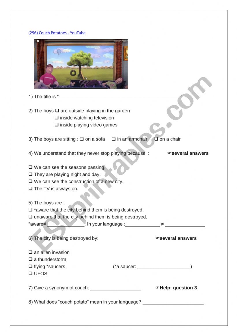 Couch potatoes Video Activity worksheet