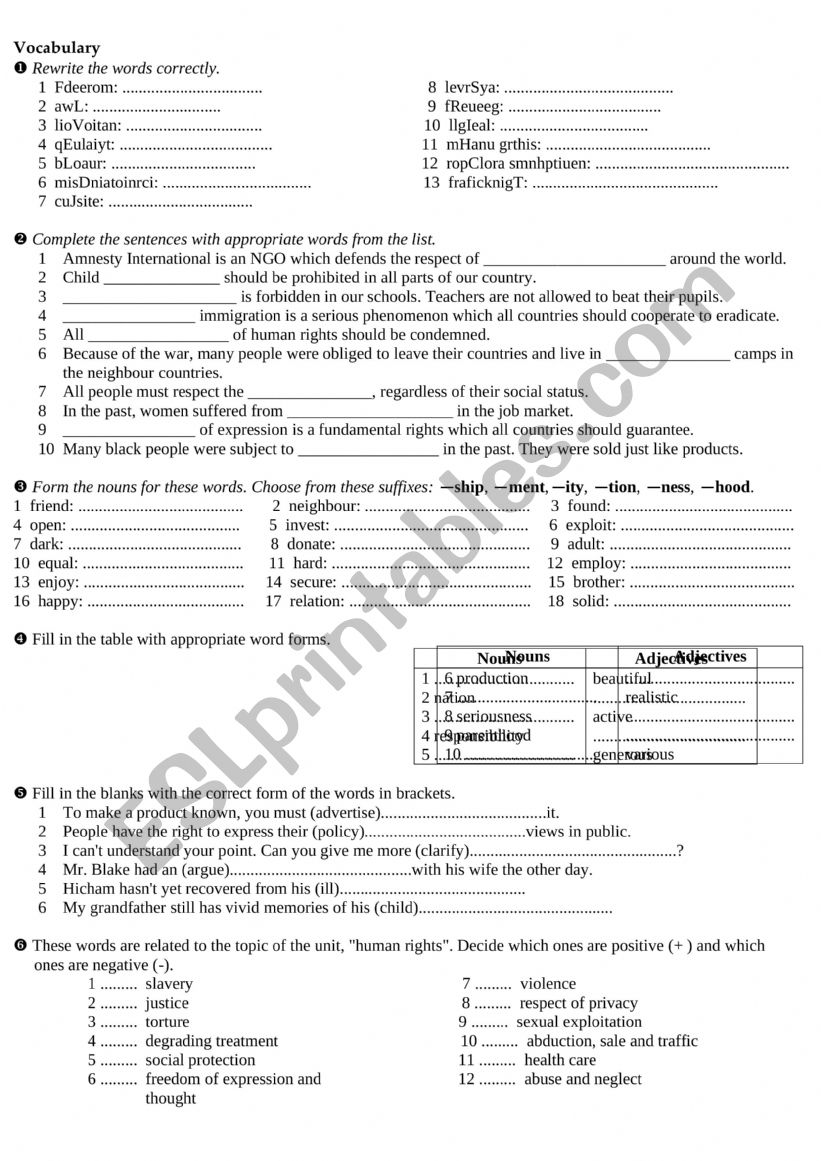 Human rights Vocabulary worksheet