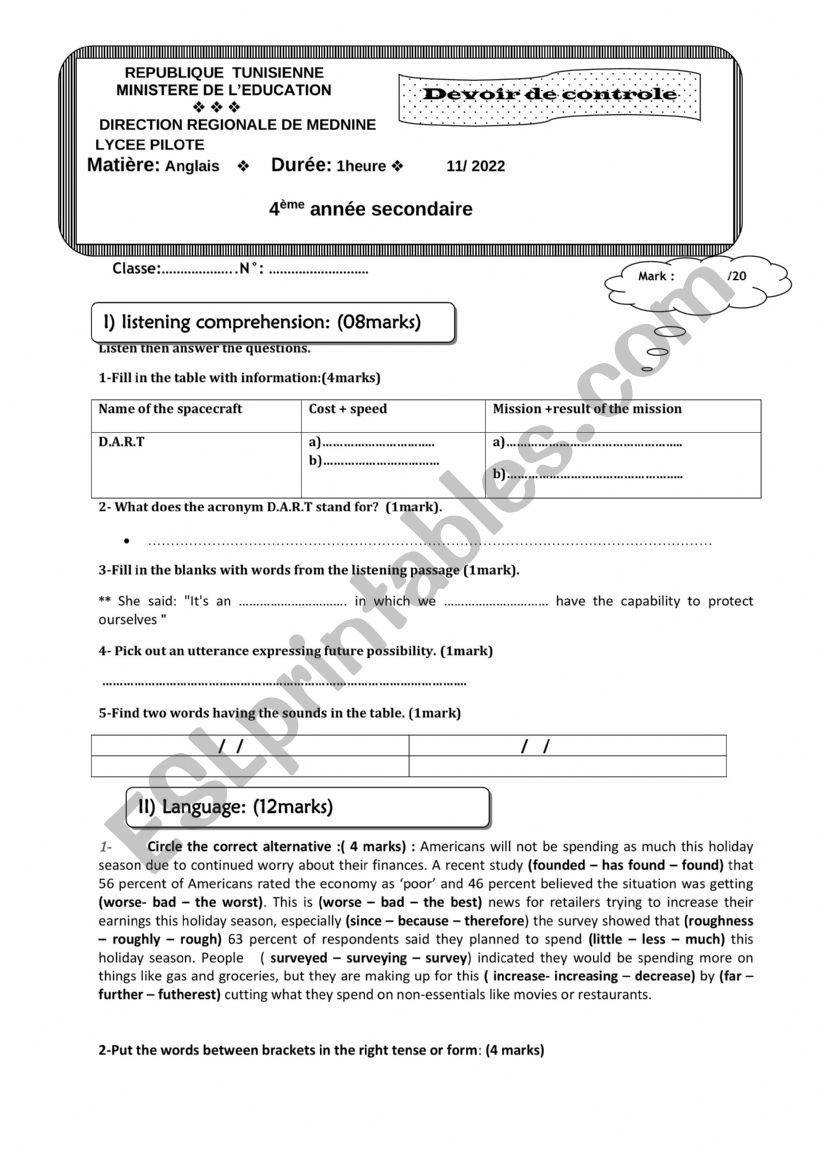 bac mid term test 1 - 2022 worksheet