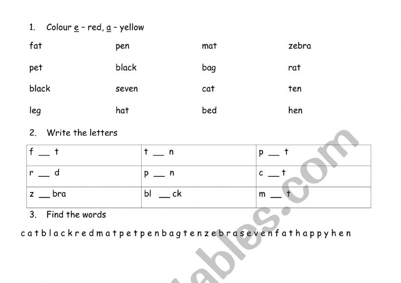 Phonics CVC short a e worksheet