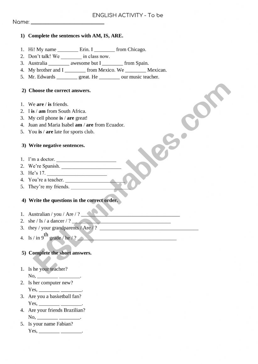 To be Activities worksheet