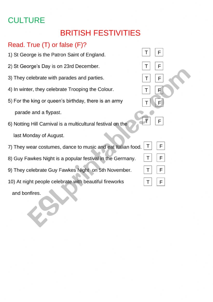 BRITISH FESTIVITIES worksheet