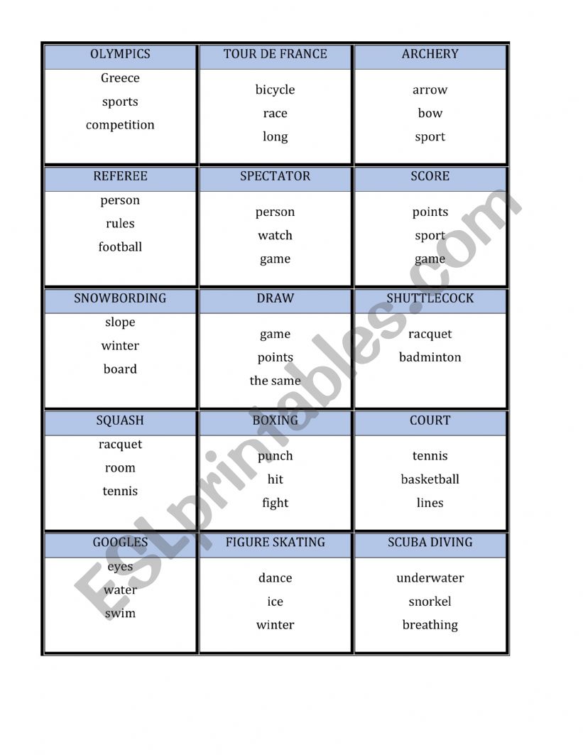 SPORTS - taboo cards worksheet