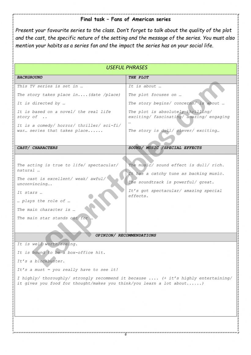final task worksheet