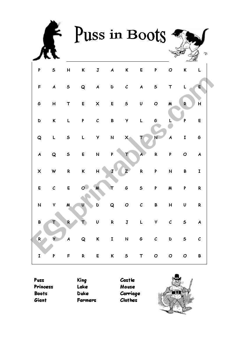 Puss in Boots - wordsearch worksheet