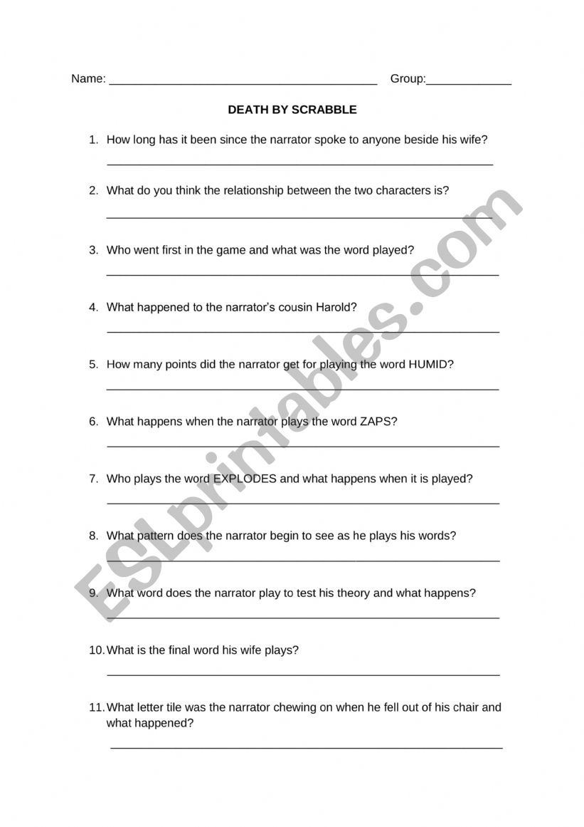 Death by Scrabble Story Exam worksheet