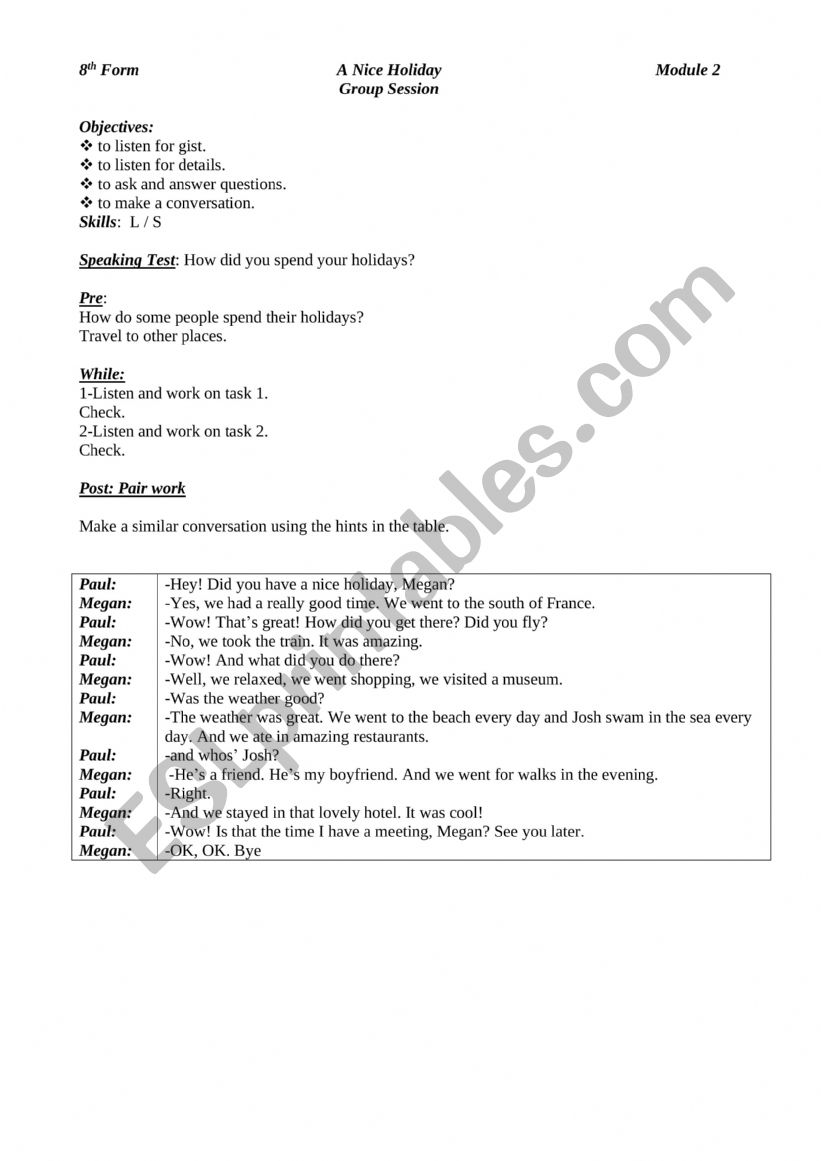 8 Form Group Session Holiday worksheet