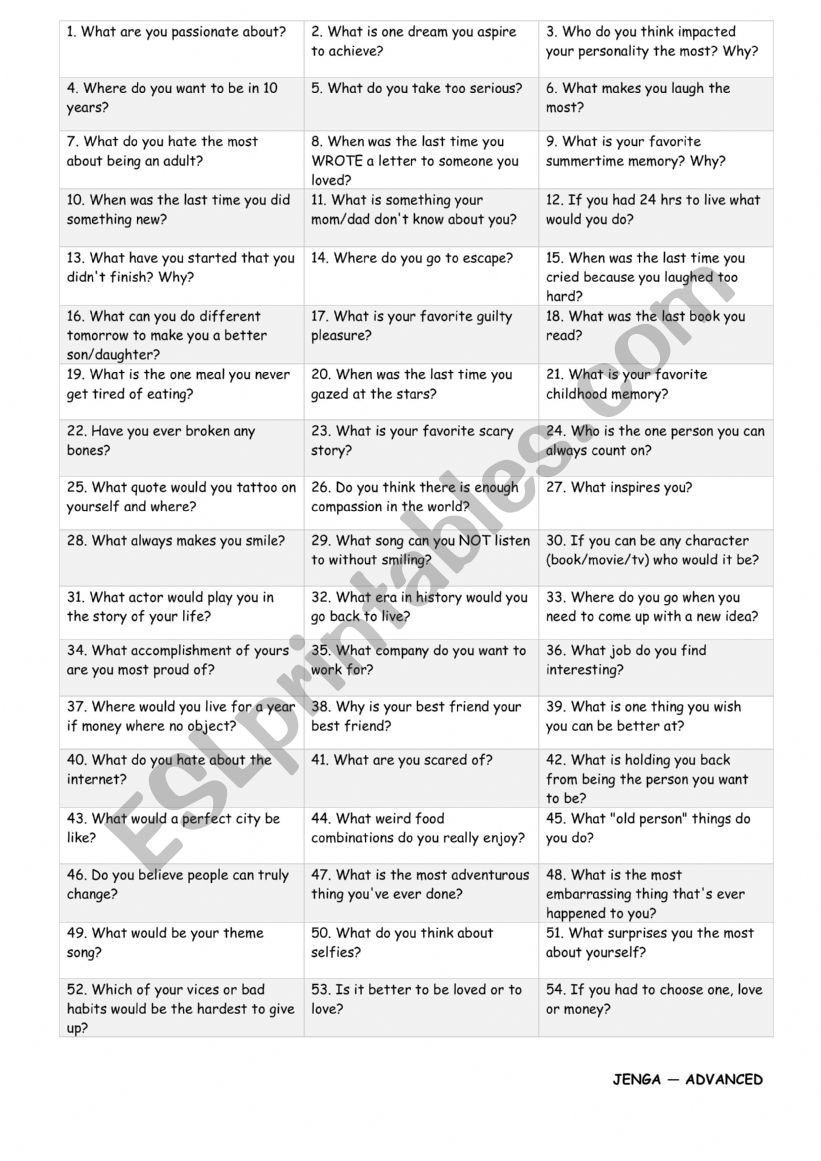 JENGA CONVERSATION QUESTIONS FOR ADVANCED