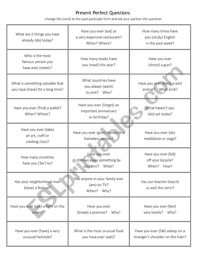 Present Perfect Questions worksheet