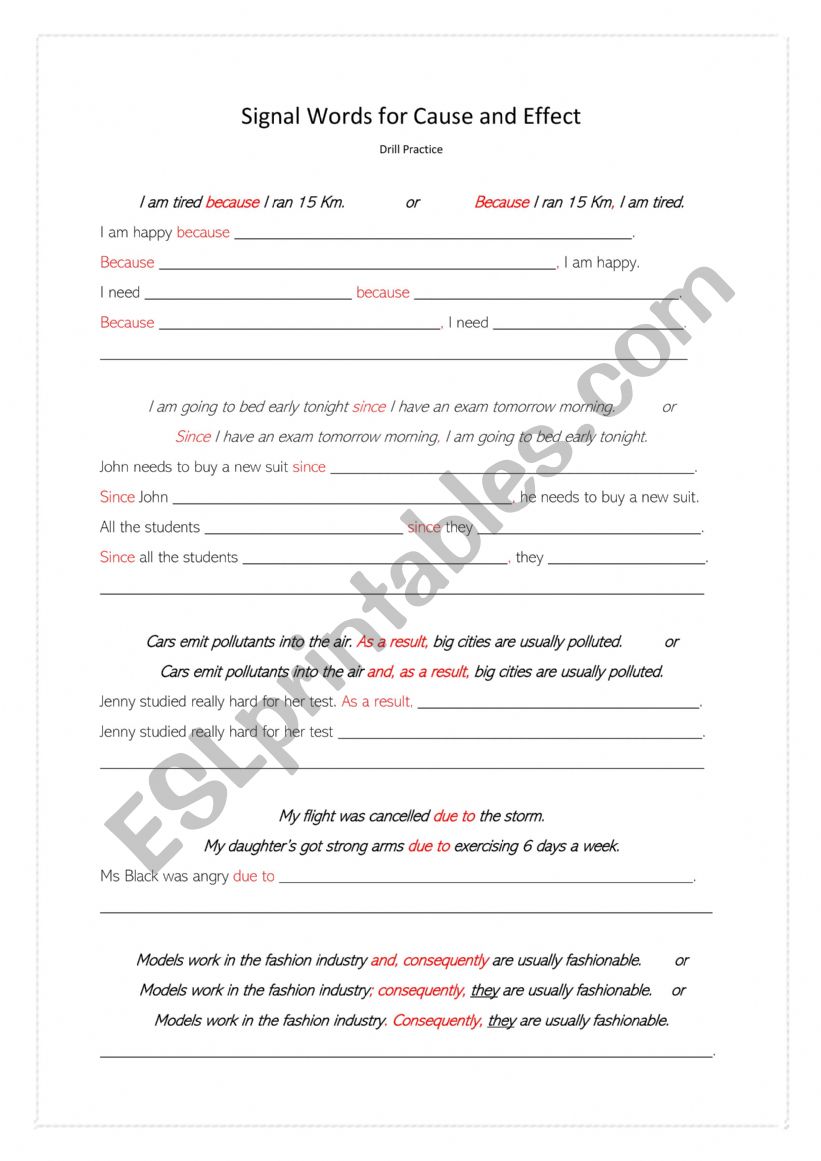 Cause and Effect Signal Words worksheet