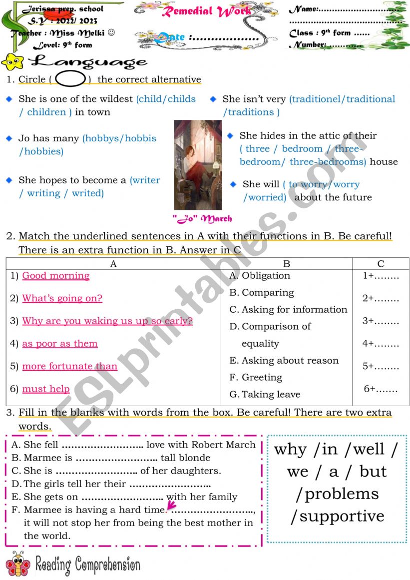 9th form remedial work worksheet