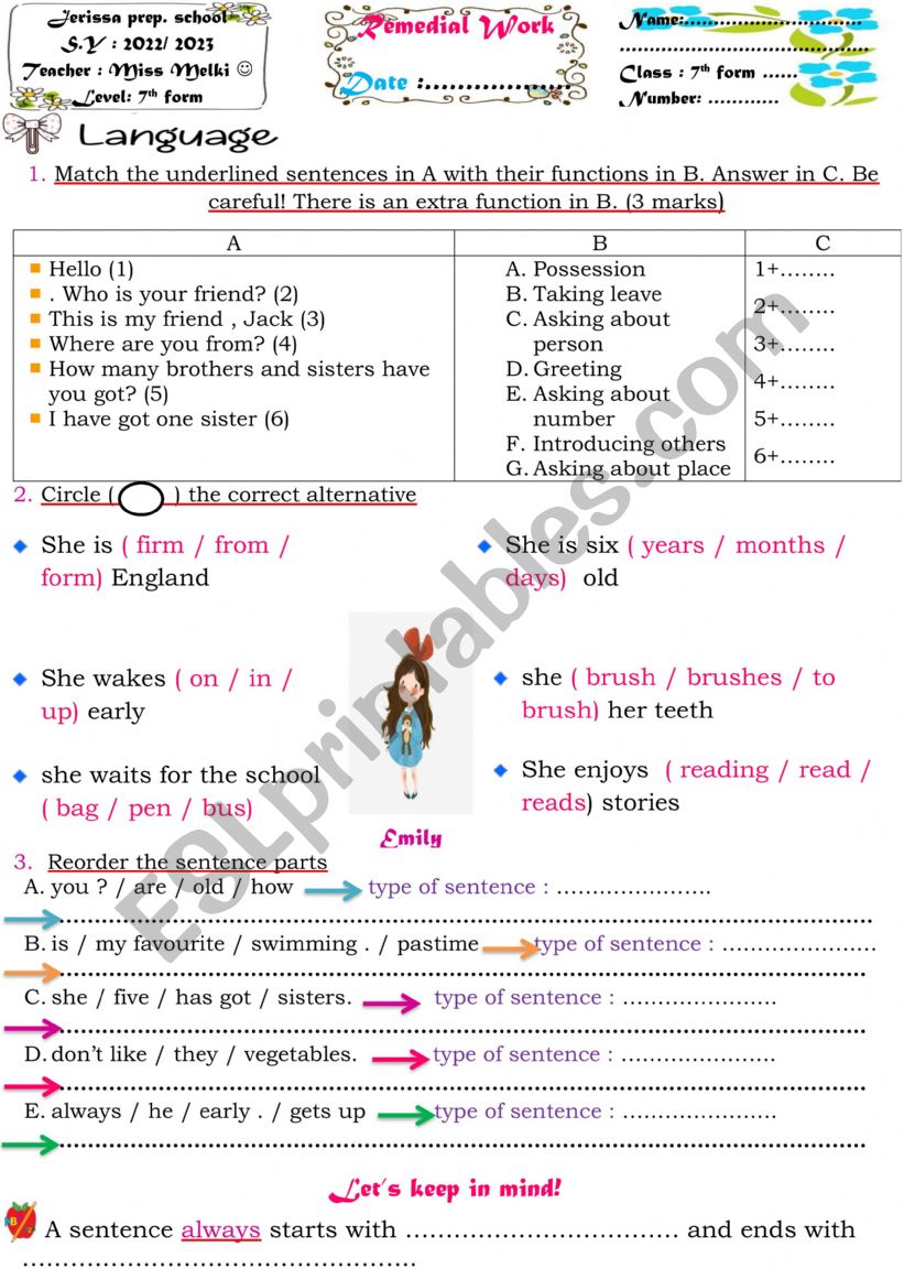 7th form remedial work worksheet